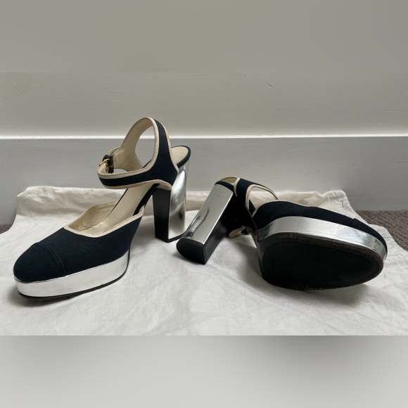 Miu Miu Silver Leather Black Linen Platform High Heels Size 39 - Picture 2 of 8